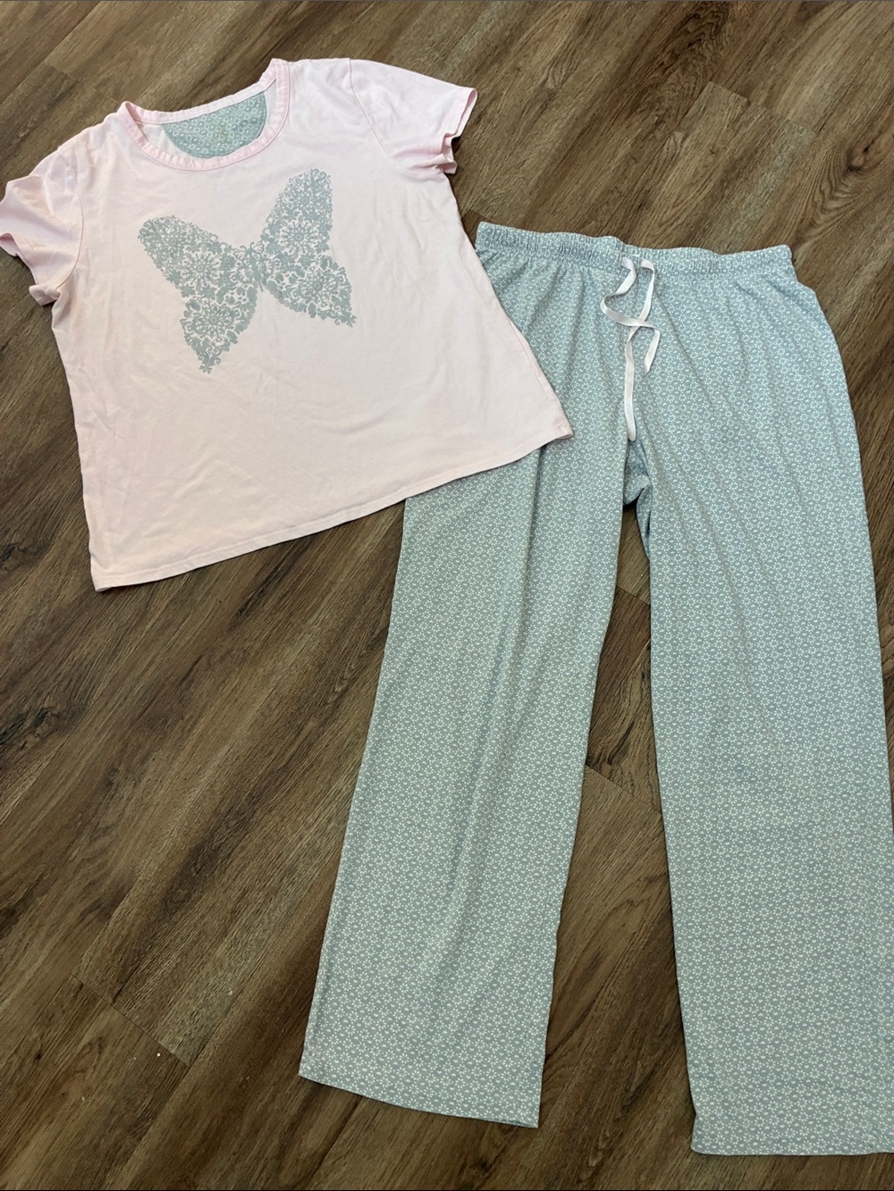 Croft & Barrow Pajama Set Medium Pink Butterfly Slate Blue Floral Heart Pants